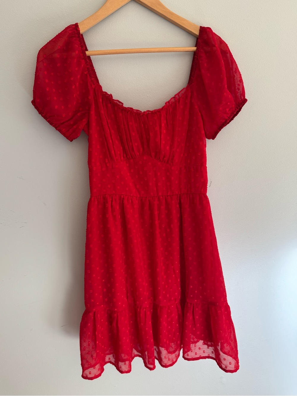 Altar'd State Red Clip Dot Smocked Puff Sleeve Mini Dress - Picture 2 of 5